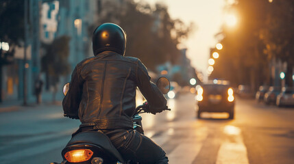 The image captures a motorcyclist in a leather jacket riding at sunset on a city street.