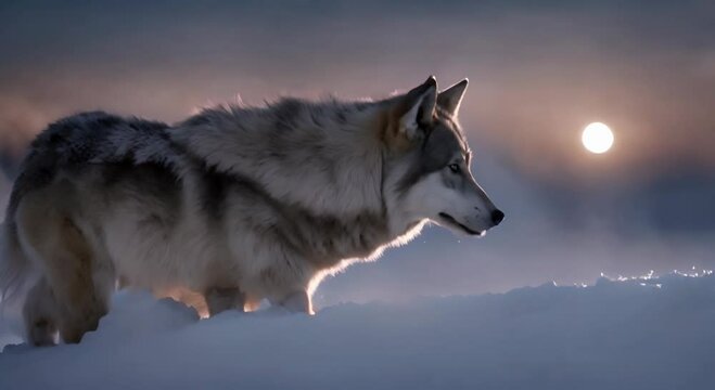 Guardian of the Night, A Wolf, Its Eyes Glowing with an Inner Fire, Stands Guard Over a Winter Wonderland