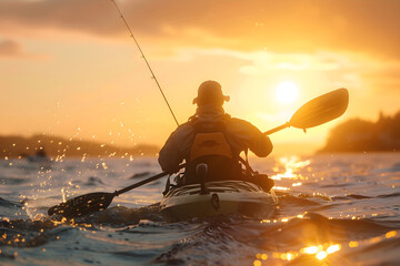 Blissful Solitude: A Passionate Angler Indulges In Kayak Fishing As Sunset Paints The Sky - obrazy, fototapety, plakaty