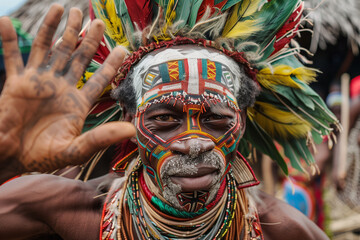 Portrait of a man in traditional tribal attire and face paint.