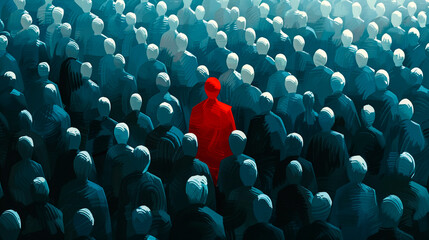 human shape in red stands out from the crowd of others. It symbolizes exceptionality, uniqueness and being different	