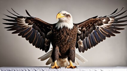   A bald eagle unfurls its expansive wings on a pristine white surface