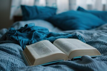 An open book on bed, bed covered with blue pillows - obrazy, fototapety, plakaty