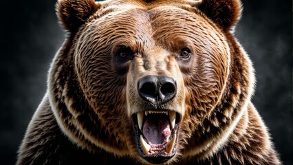   A close-up of a brown bear with its mouth open widely