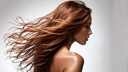   A woman with long red hair blowing in the wind