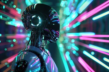 android robot abstract glowing colorfull lines technology background - obrazy, fototapety, plakaty