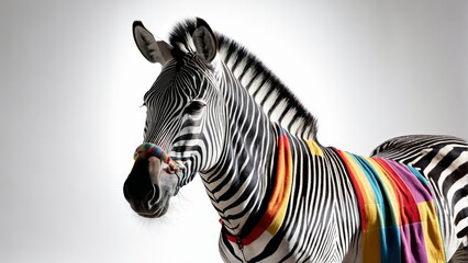   A tight shot of a zebra wearing a multicolored blanket, against a pristine white backdrop