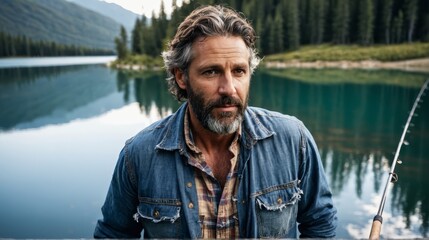   A man stands by a body of water, fishing pole in hand, donning a denim jackets and plaid shirt - obrazy, fototapety, plakaty