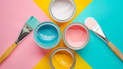 open cans of paint with brushes on them on bright pastel color symmetry background