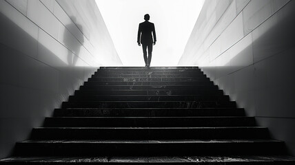 Businessman walking on stairs upstairs towards the light. Growth and business success