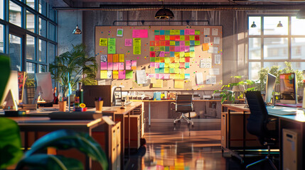 Open Office  inner city work place large board with post it stickers - obrazy, fototapety, plakaty