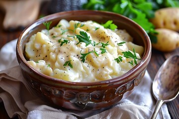 A creamy and satisfying side dish made with tender potatoes - obrazy, fototapety, plakaty