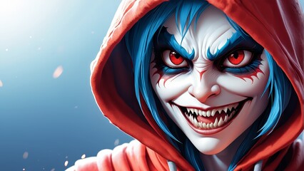   A tight shot of an individual with blue-hued hair donning a scarlet hoodie, flaunting a disconcerting grin - obrazy, fototapety, plakaty