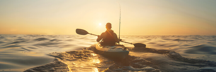 Blissful Solitude: A Passionate Angler Indulges In Kayak Fishing As Sunset Paints The Sky - obrazy, fototapety, plakaty