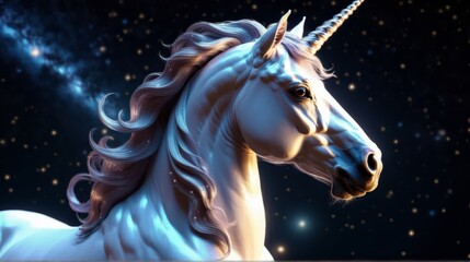 Obraz na płótnie Canvas White unicorn with long mane under star-filled night sky Stars scatter background
