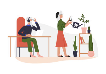 Elderly couple using modern technology. Old man with laptop, old woman with phone gardening cartoon vector illustration