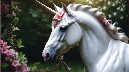   A white unicorn adorned with a flower crown stands before a pink flower forest