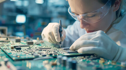Engineer. Worker in production assembling electronic boards.