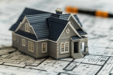 Miniature House Model on Architectural Blueprints with Pencil in Background Real Estate, Architecture Design, and Property Planning Concept