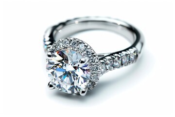 beautiful engagement ring with a huge centered diamond on white background