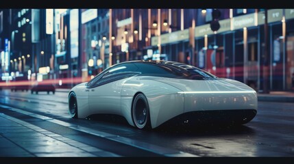 Futuristic Car on City Street at Night - obrazy, fototapety, plakaty