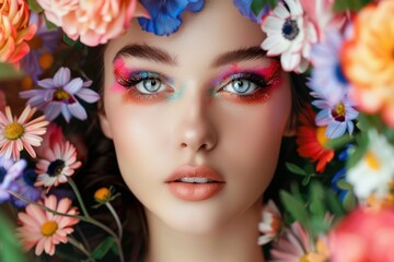beautiful young woman with colourful makeup surrounded by flowers