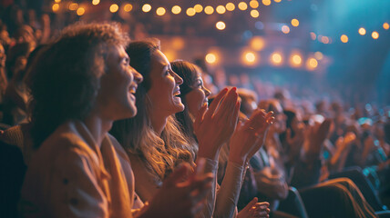 Audience applauds and laughs at the concert. Viewers of a comedy show.