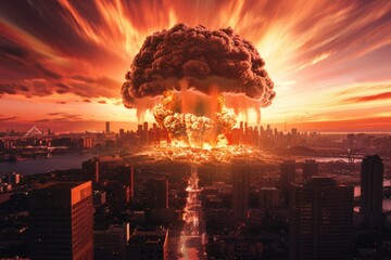 big nuclear explosion mushroom cloud over city