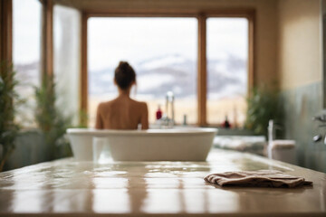 female beautiful woman relaxing while taking a bath in bathtub, back view shot.