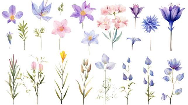Set of watercolor wildflowers painting isolated on clear png background and transparent background. Fresh and nature concept for nature decorative and flower element, AI generative.