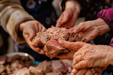 Hands marinating meat during Eid al-Adha, the Muslim festival of sacrifice - obrazy, fototapety, plakaty