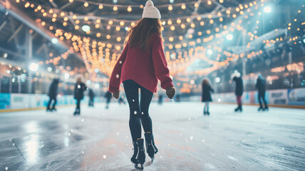 Girl on skates at the ice rink, rear view. - obrazy, fototapety, plakaty