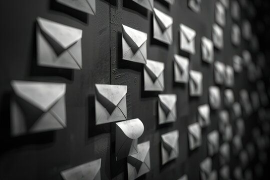a black and white photo of a wall with a bunch of envelopes on it