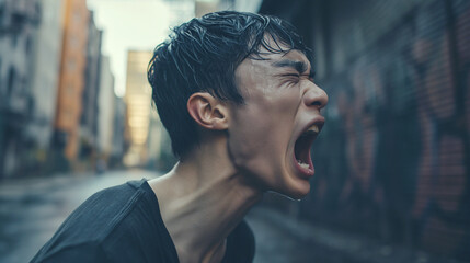Anguished young man screaming in a desolate urban alley, expressing strong emotion.
