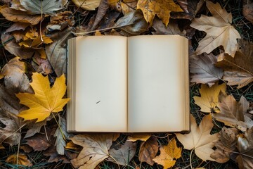 book white empty pages on leaves of autumn concept