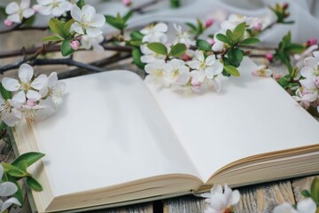 book white empty pages on leaves of spring flowers blooming concept