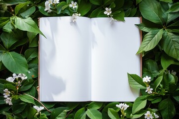 book white empty pages on leaves of spring flowers blooming concept - obrazy, fototapety, plakaty