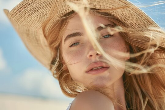 Breeze blowing over brimmed hat from beautiful blonde woman's head
