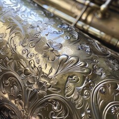 A close-up look at the embossed designs on a vintage tuba