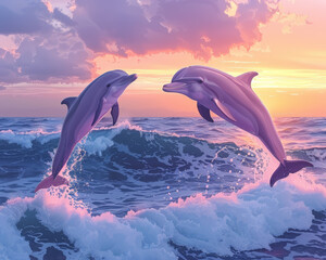 Hand-drawn clipart of a pastel, tranquil seascape with dolphins playfully jumping over waves at dawn - obrazy, fototapety, plakaty