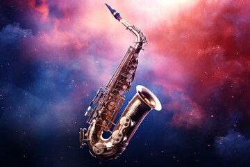 Fototapeta na wymiar Radiant Saxophone galaxy. Brass musical instrument on a dark background. Generate AI