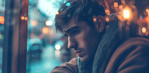 A pensive man gazes out a rain-streaked window onto a city at night. - obrazy, fototapety, plakaty