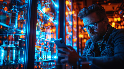 Man inspecting server hardware in a neon-lit data center with a focused expression.