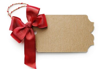 brown gift tag with a red christmas bow on white background