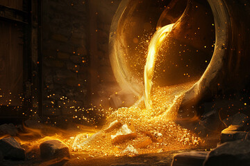 Create a hyper-realistic depiction of molten gold pouring from a furnace. - obrazy, fototapety, plakaty