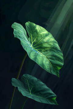 Two green leaves are shown in a dark background. The leaves are large and appear to be fresh and healthy. The image has a calming and peaceful mood, as the leaves are the main focus