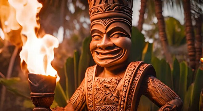 Volcanic Vigilance, A Moss-Covered Tiki God Stands Watch Over a Blazing Torch