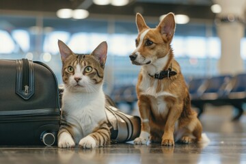 A cat and a dog sit near luggage in the airport waiting room - obrazy, fototapety, plakaty