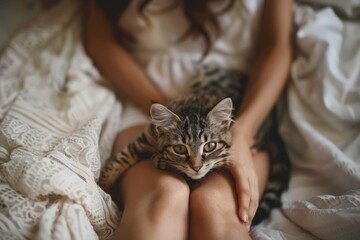 cat lies on the lap of a young woman - obrazy, fototapety, plakaty