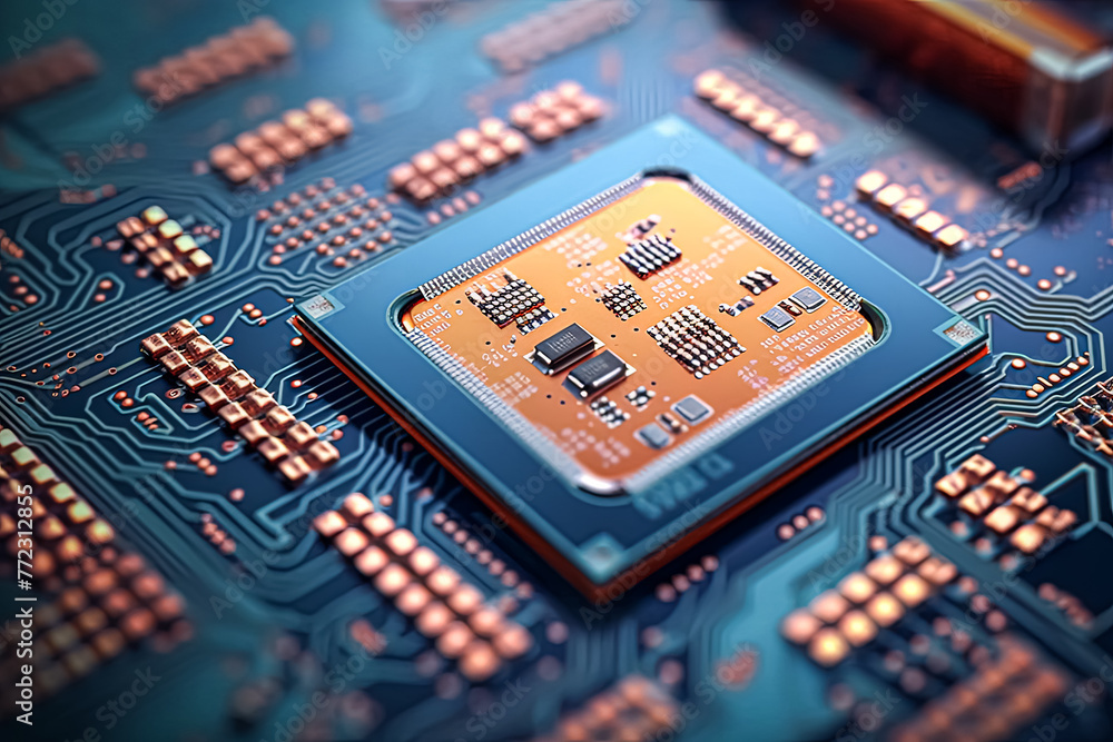 Poster a close up of a computer chip with a gold colored border.